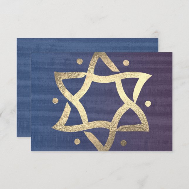 Bar Mitzvah Plum and Blue Wooden Gold Star RSVP (Front/Back)