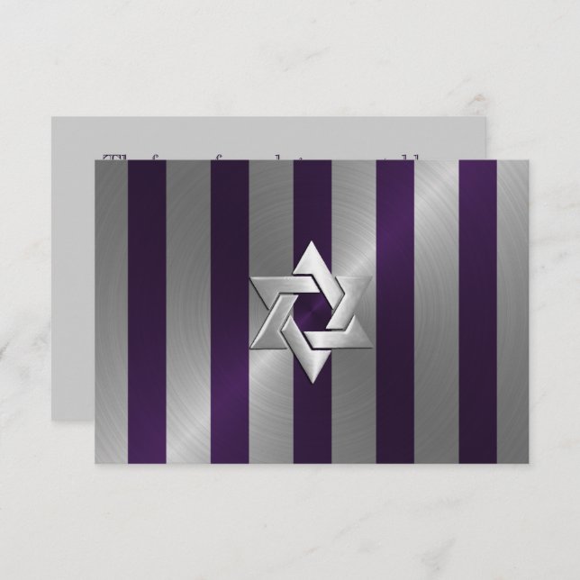 Bar Mitzvah Plum and Silver Stripe Star of David RSVP Card (Front/Back)