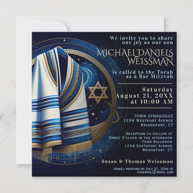 Bar Mitzvah Prayer Shawl Stars Invitation (Front)