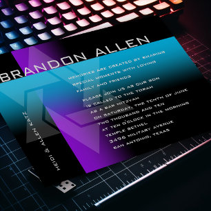 Bar Mitzvah Purple and Turquoise on Any Colour Invitation