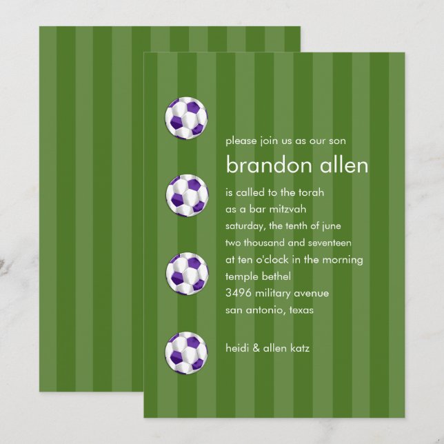Bar Mitzvah Purple and White Soccer Ball Invitation (Front/Back)