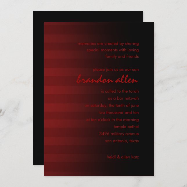 Bar Mitzvah Red and Black Horizontal Stripes Invitation (Front/Back)
