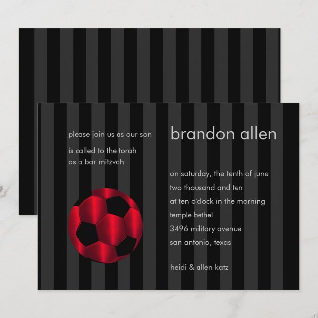 Bar Mitzvah Red and Black Soccer Ball Invitation (Front/Back)
