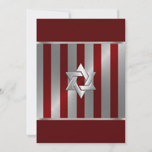 Bar Mitzvah Red and Silver Stripe Star of David Invitation
