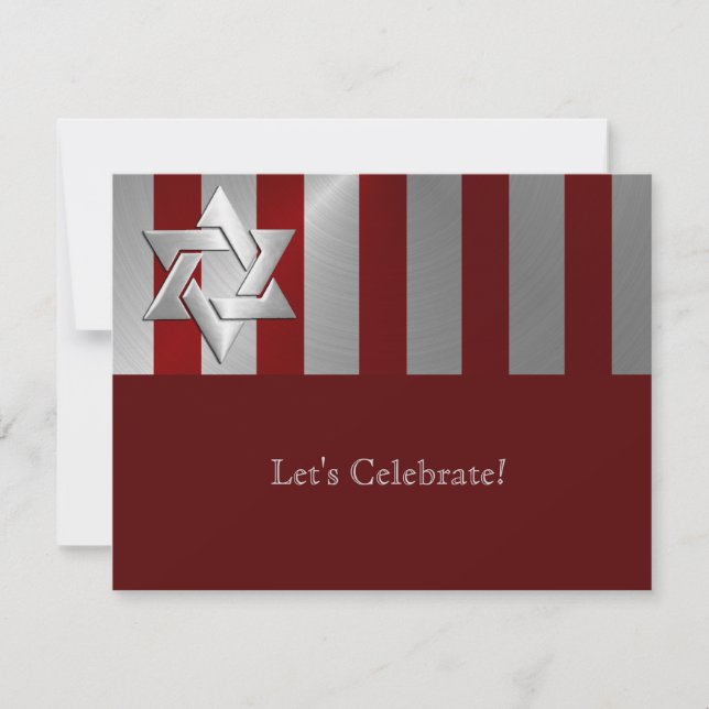Bar Mitzvah Red and Silver Stripe Star of David RSVP Card (Front)