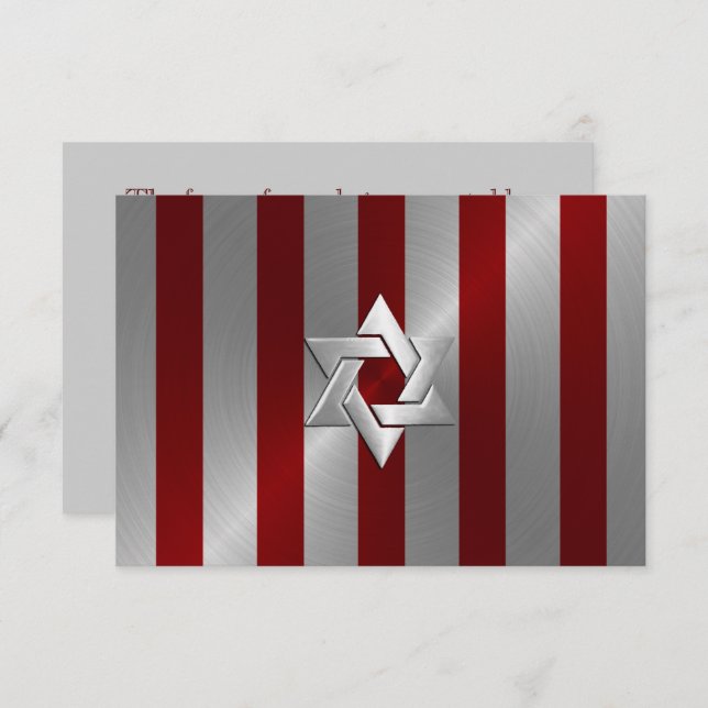 Bar Mitzvah Red and Silver Stripe Star of David RSVP Card (Front/Back)