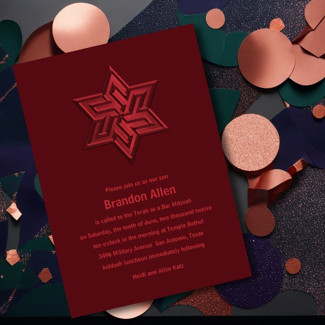 Bar Mitzvah Red Tones Star of David Invitation (Creator Uploaded)