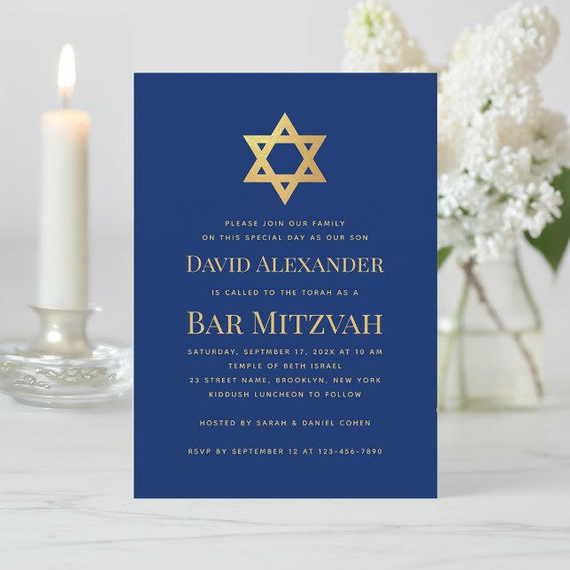 Bar Mitzvah Royal Blue Gold Star of David Simple Invitation (Creator Uploaded)