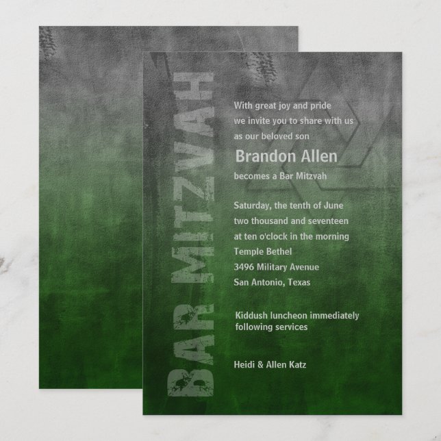 Bar Mitzvah Rugged Fade Green Invitation (Front/Back)