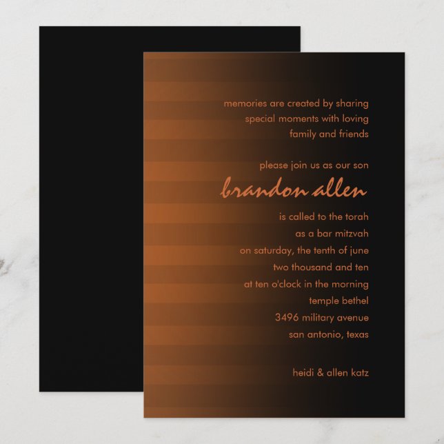 Bar Mitzvah Rust and Black Horizontal Stripes Invitation (Front/Back)