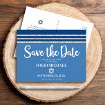 Bar Mitzvah Save Date Blue Silver Tallit Script Invitation Postcard<br><div class="desc">Make sure all your friends and relatives will be able to celebrate your son’s milestone Bar Mitzvah! Send out this cool, unique, modern, personalised “Save the Date” announcement postcard. Bold, white script typography, Star of David and a navy blue and silver glitter striped tallit inspired graphic overlay a simple, cornflower...</div>