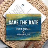 Bar Mitzvah Save Date Modern Turquoise Gold Foil 