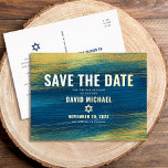 Bar Mitzvah Save Date Modern Turquoise Real Gold Foil Invitation Postcard<br><div class="desc">Make sure all your friends and relatives will be able to celebrate your son’s milestone Bar Mitzvah! Send out this cool, unique, modern, personalised “Save the Date” announcement postcard. Bold, real gold foil typography and Star of David overlay faux metallic gold brush strokes and a rich, turquoise blue ombre paint...</div>