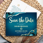 Bar Mitzvah Save Date Teal Ombre Agate Real Gold Foil Invitation Postcard<br><div class="desc">Make sure all your friends and relatives will be able to celebrate your son’s milestone Bar Mitzvah! Send out this cool, unique, modern, personalised “Save the Date” real gold foil announcement postcard. Real gold foil script typography, a real gold foil Star of David, and white sans serif typography overlay a...</div>