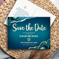 Bar Mitzvah Save Date Teal Ombre Agate Real Gold