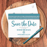 Bar Mitzvah Save Date Teal Silver Tallit Script Invitation Postcard<br><div class="desc">Make sure all your friends and relatives will be able to celebrate your son’s milestone Bar Mitzvah! Send out this cool, unique, modern, personalised “Save the Date” announcement postcard. Bold, dusty teal blue green script typography, Star of David and a dusty teal blue green and silver glitter striped tallit inspired...</div>