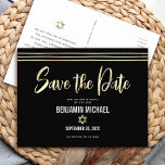 Bar Mitzvah Save the Date Black Gold Foil Script Invitation Postcard<br><div class="desc">Make sure all your friends and relatives will be able to celebrate your son’s milestone Bar Mitzvah! Send out this stunning, modern, “Save the Date” announcement postcard. Graphic faux gold foil calligraphy script, Star of David, and hand drawn tallit lines, overlay a rich, dramatic, black background. Personalise the custom text...</div>