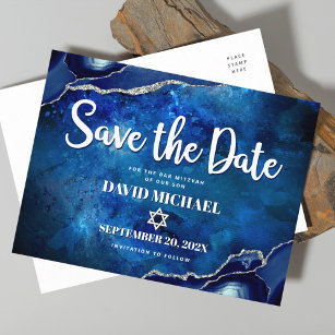 Bar Mitzvah Save the Date Navy Watercolor Agate Invitation Postcard
