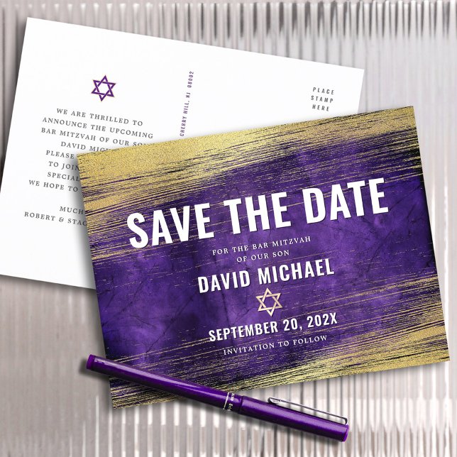 Bar Mitzvah Save the Date Purple Ombre Gold Foil  Invitation Postcard (Creator Uploaded)