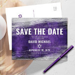Bar Mitzvah Save the Date Purple Ombre Silver Foil Invitation Postcard<br><div class="desc">Make sure all your friends and relatives will be able to celebrate your son’s milestone Bar Mitzvah! Send out this cool, unique, modern, personalised “Save the Date” announcement postcard. Metallic silver foil brush strokes and Star of David, along with bold, white typography, overlay a rich, dark purple ombre watercolor background....</div>