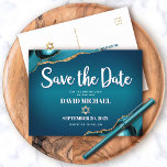 Bar Mitzvah Save the Date Teal Ombre Agate Script Invitation Postcard<br><div class="desc">Make sure all your friends and relatives will be able to celebrate your son’s milestone Bar Mitzvah! Send out this cool, unique, modern, personalised “Save the Date” announcement postcard. White script typography and faux gold Star of David overlay a deep turquoise teal blue ombre background with turquoise blue agate accented...</div>