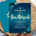 Bar Mitzvah Script Turquoise Ombre Agate Real Gold<br><div class="desc">Be proud, rejoice and showcase this milestone of your favourite Bar Mitzvah! Send out this cool, unique, modern, personalised, Hebrew name invitation for an event to remember. Real gold foil script typography, white sans serif typography, and a real gold foil Star of David overlay a deep turquoise teal blue ombre...</div>