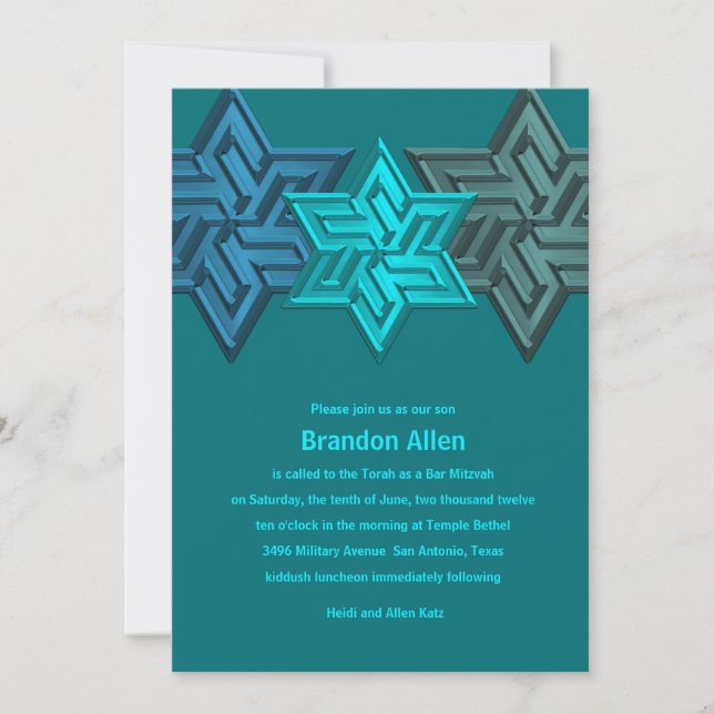 Bar Mitzvah Shades of Teal, Star of David Invitation (Front)