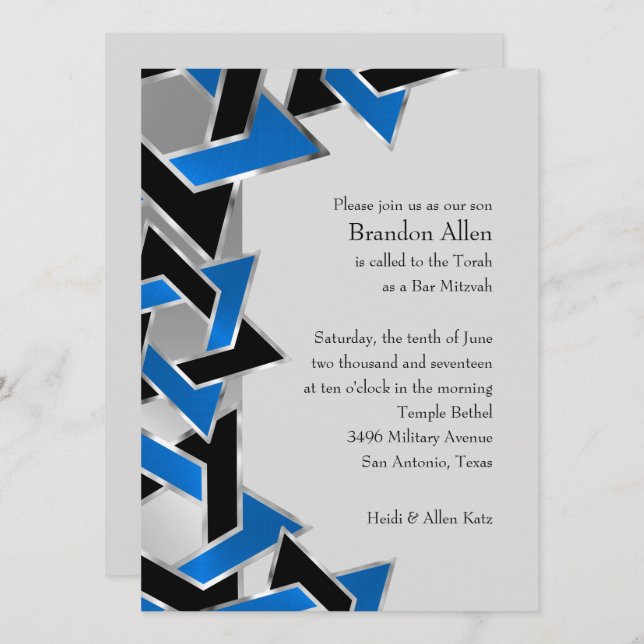 Bar Mitzvah Silver Blue Black Star of David Invitation (Front/Back)