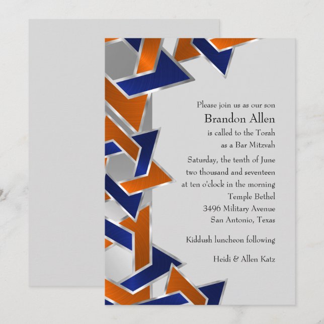 Bar Mitzvah Silver Blue Orange Star of David Invitation (Front/Back)