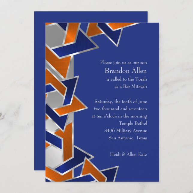 Bar Mitzvah Silver Blue Orange Star of David Invitation (Front/Back)
