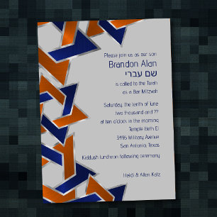 Bar Mitzvah Silver Blue Orange Star of David Invitation