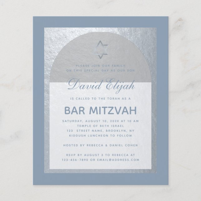 Bar Mitzvah Silver Dusty Blue Budget Invitation (Front)