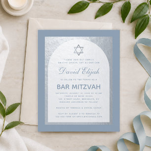 Bar Mitzvah Silver Dusty Blue Budget Invitation