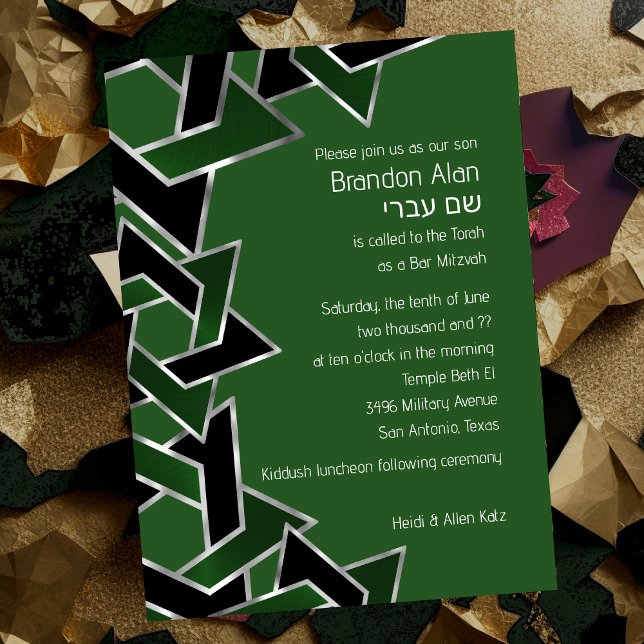 Bar Mitzvah Silver Green Black Star of David Invitation (Creator Uploaded)
