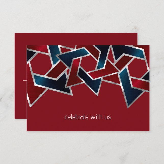 Bar Mitzvah Silver Navy Blue Red Star of David Invitation (Front/Back)