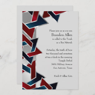 Bar Mitzvah Silver Navy Blue Red Star of David Invitation