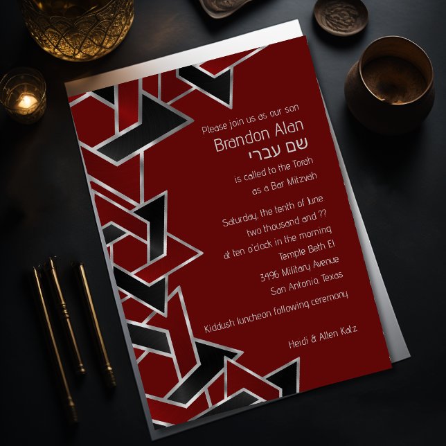 Bar Mitzvah Silver Red Black Star of David Invitation (Creator Uploaded)