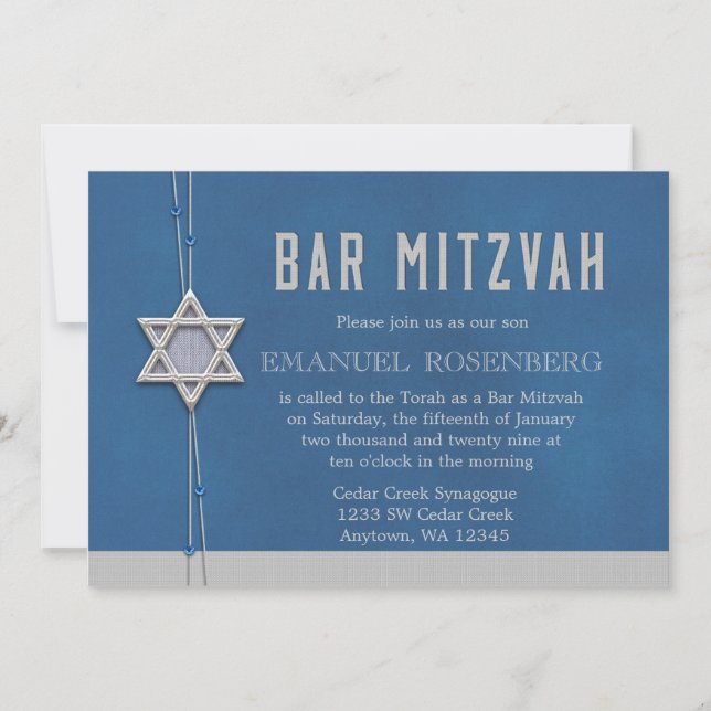 Bar Mitzvah Silver Star Blue Beads Invitation (Front)