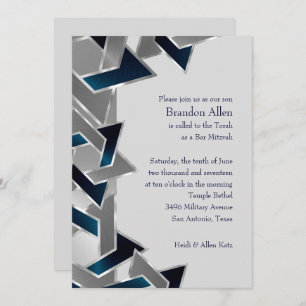 Bar Mitzvah Silver Teal Blue Grey Star of David Invitation