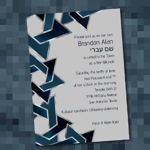 Bar Mitzvah Silver Teal Navy Blue Star of David Invitation