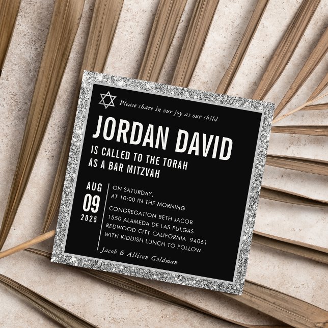 BAR MITZVAH simple modern black silver glitter Invitation (Creator Uploaded)