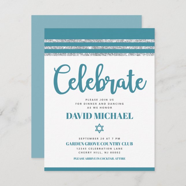 Bar Mitzvah Simple Modern Bold Teal Silver Tallit  Enclosure Card (Front/Back)