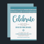 Bar Mitzvah Simple Modern Bold Teal Silver Tallit  Enclosure Card<br><div class="desc">Be proud, rejoice and showcase this milestone of your favourite Bar Mitzvah! Include this cool, unique, modern, personalised insert for additional information to your event. Bold, dusty teal blue script typography, Star of David and a dusty teal blue and silver glitter striped tallit inspired graphic overlay a simple, white background....</div>