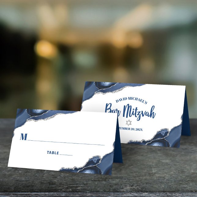 Bar Mitzvah Simple Modern Navy Blue Silver Agate Place Card (Creator Uploaded)