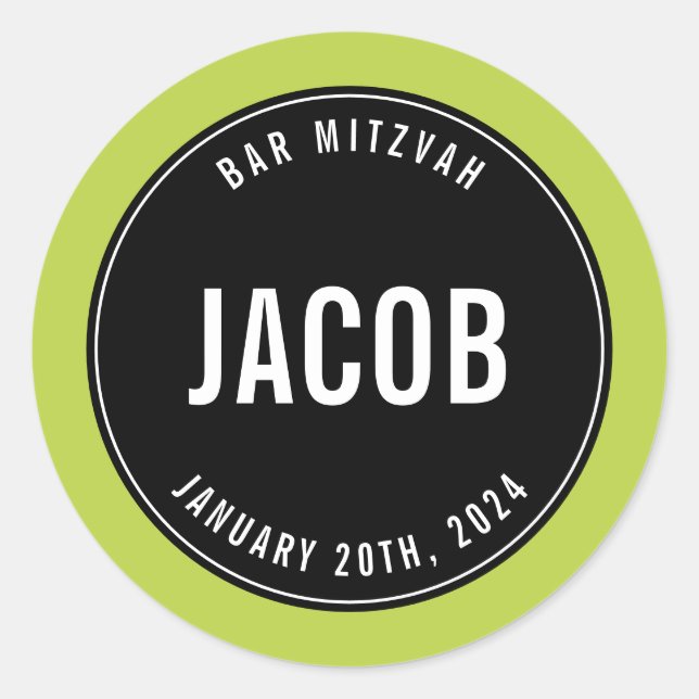 BAR MITZVAH simple modern plain black lime Classic Round Sticker (Front)
