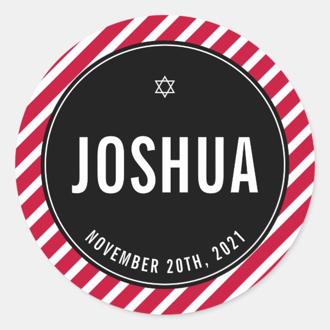 BAR MITZVAH simple modern stripe plain red black Classic Round Sticker (Front)