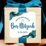 Bar Mitzvah Simple Modern Turquoise Agate Script Square Sticker<br><div class="desc">Be proud, rejoice and showcase this milestone of your favourite Bar Mitzvah! Use this cool, unique, modern, personalised sticker to add to his special day. Dark teal blue script typography and a faux gold Star of David overlay a simple, clean white background with turquoise blue agate rocks accented with faux...</div>