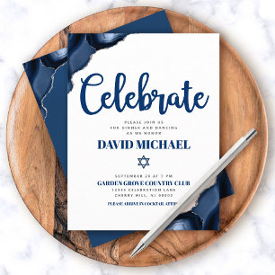 Bar Mitzvah Simple Navy Blue Agate Modern Script  Enclosure Card