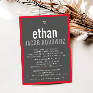 BAR MITZVAH simple star modern name grey red Invitation