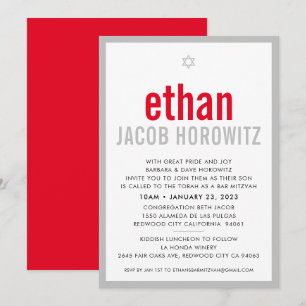 BAR MITZVAH simple star modern name red grey Invitation